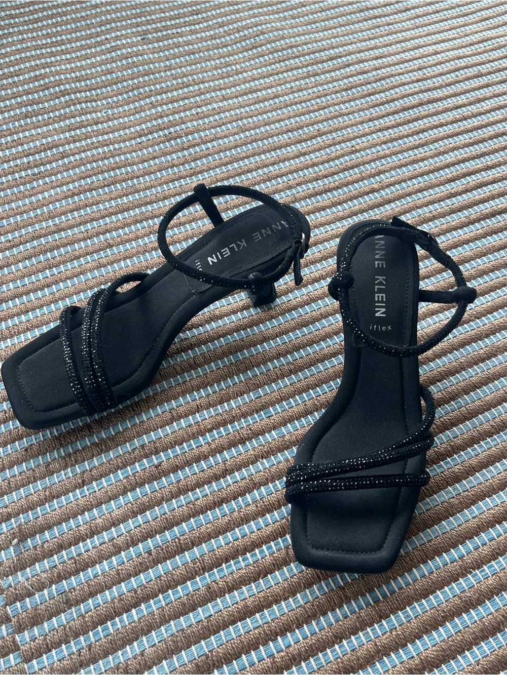 Anne Klein Black Strappy Kitten Heel Sandals with Rhinestone Detail